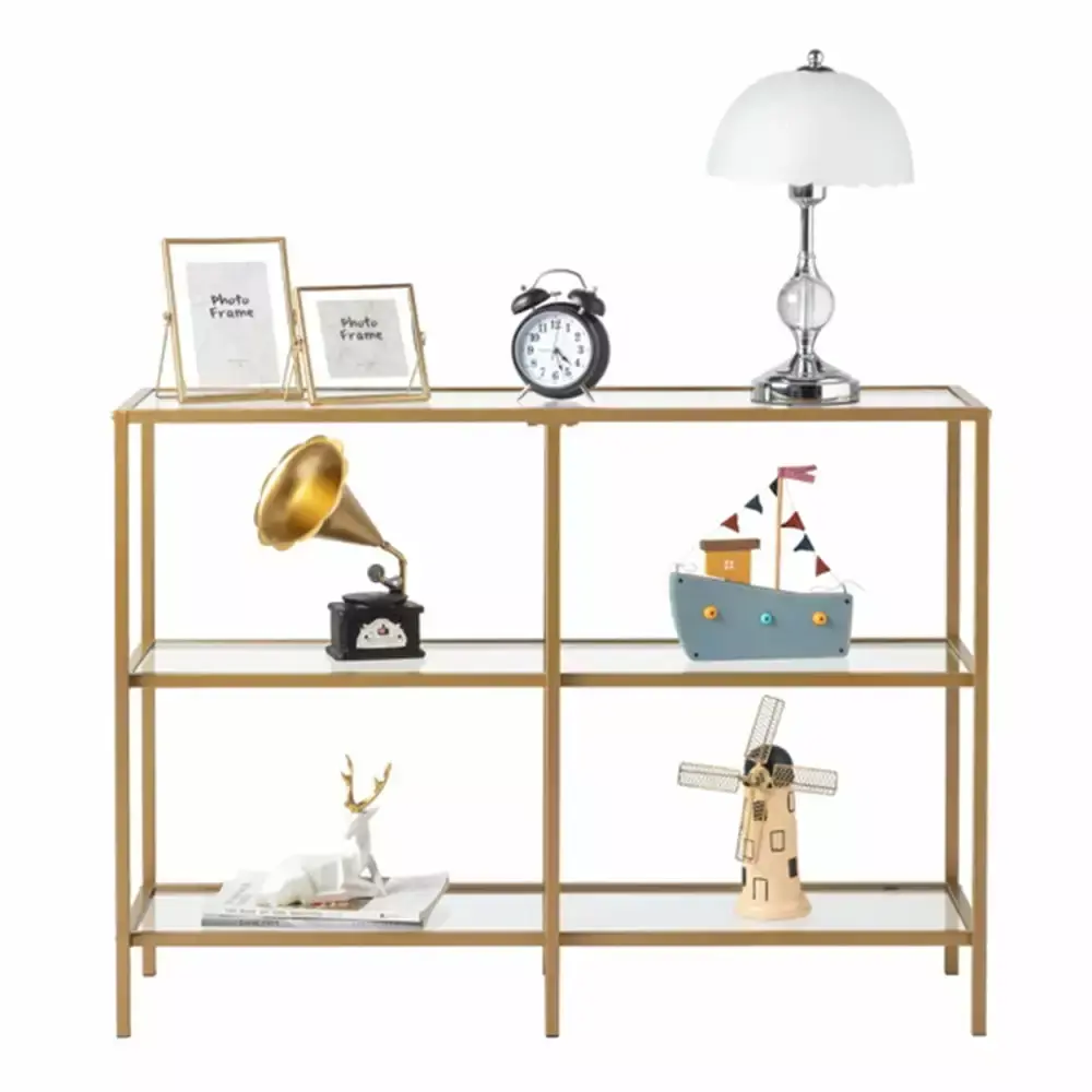 39.4 Inch Gold Metal Frame Console Sofa Table with 3 Tempered Glass Shelves for Entryway Living Room Bedroom