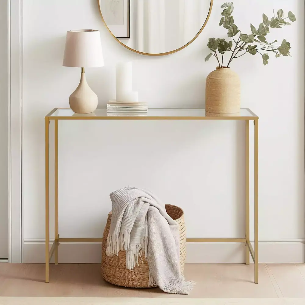 Ktaxon Modern Gold Glass Console Sofa Table with Shelf for Living Room and Office