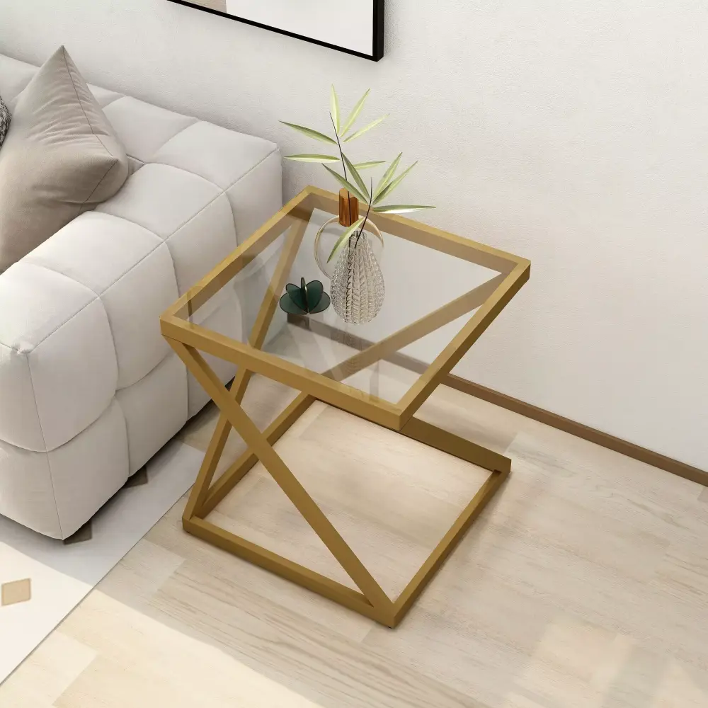 Alazyhome Square Glass Top Angled Gold Frame Sofa Table Modern Living Room Accent
