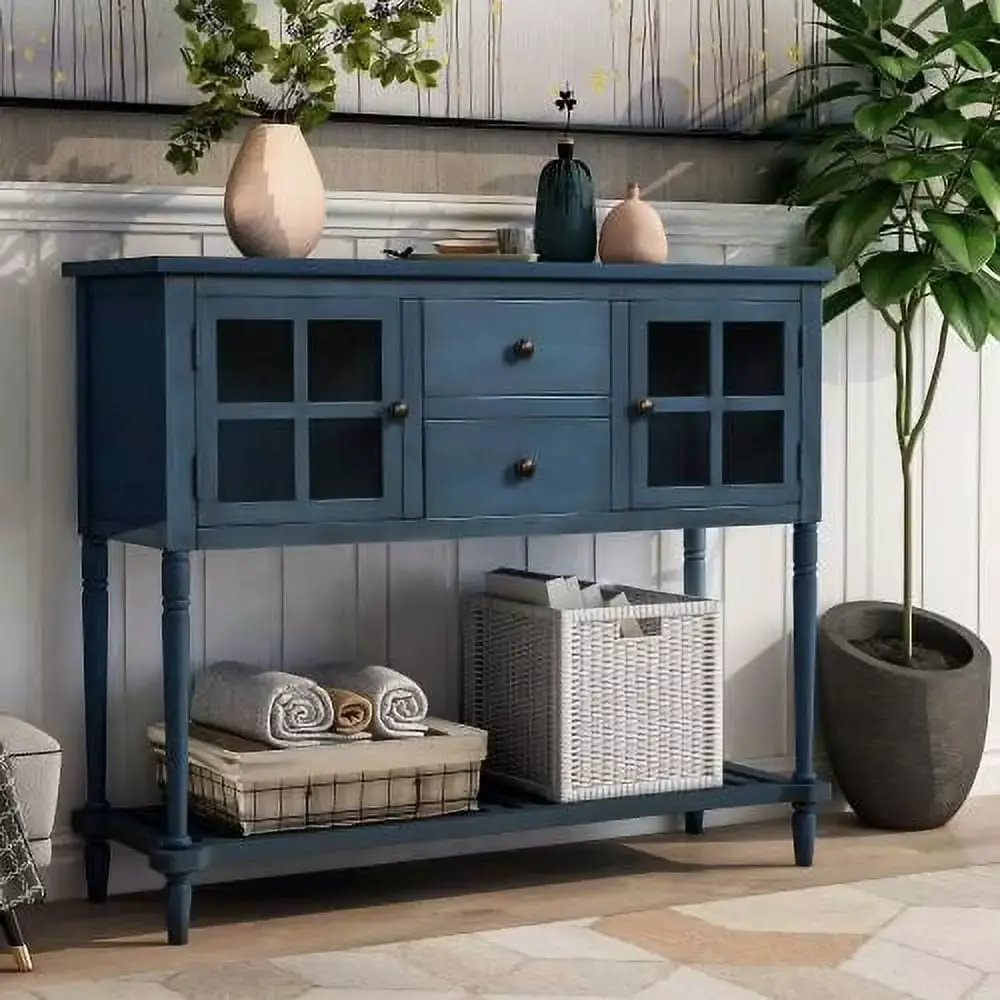 JINS&VICO Farmhouse Wood and Glass Console Table with Bottom Shelf Antique Navy Buffet Cabinet