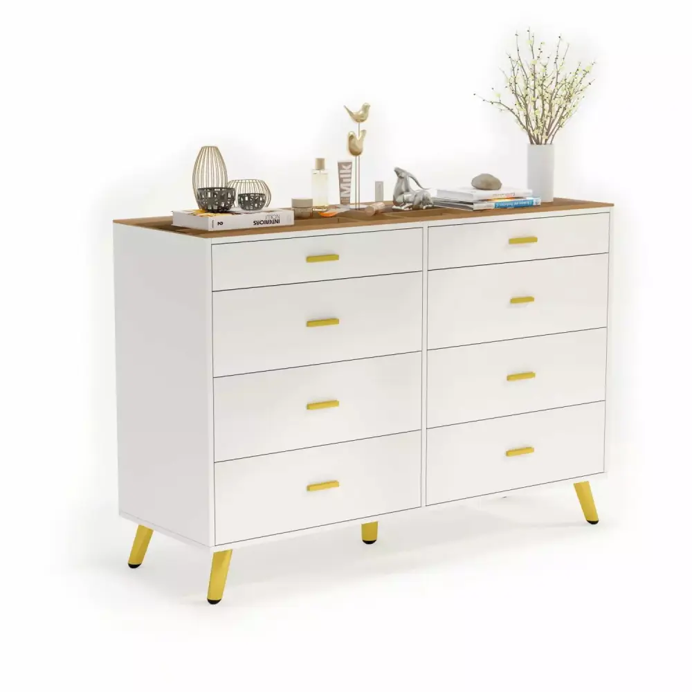 PAKASEPT 8 Drawer White Dresser for Bedroom with Tempered Glass Countertop Divide and Wide Storage Drawers