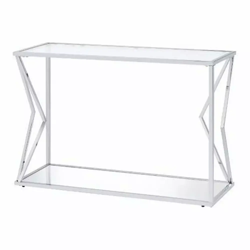 ACME Virtue Glass Top Sofa Table with Bottom Shelf in Clear and Chrome