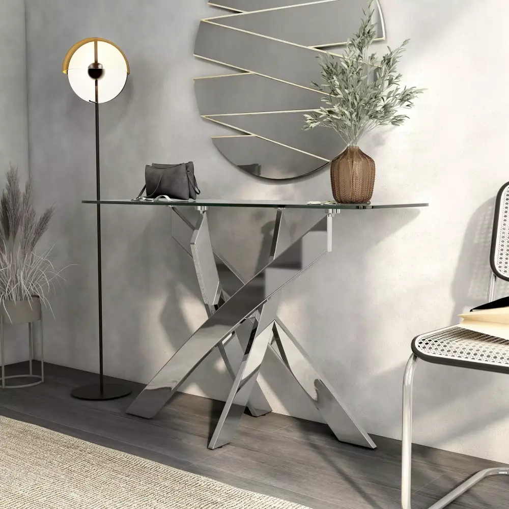 Furniture of America Gisela Chrome Glass Top Console Table Modern Design