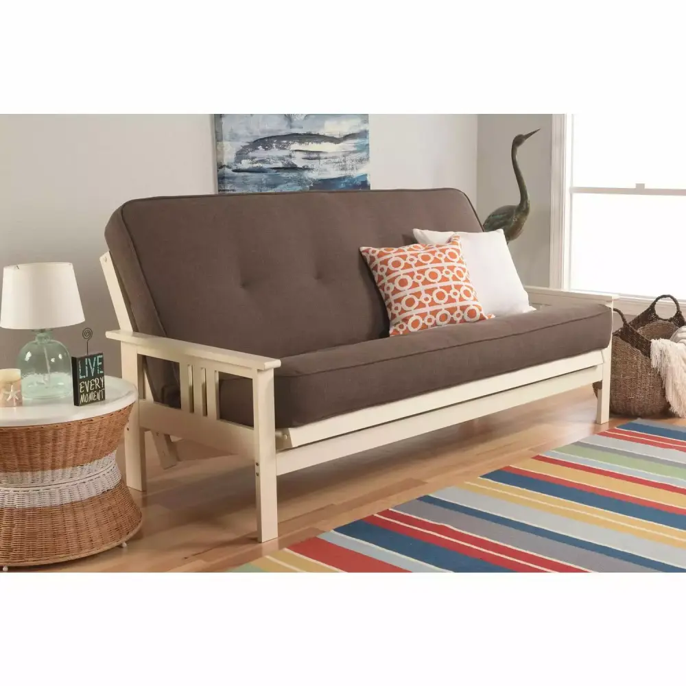 Homestock Gothic Glamour Futon Frame with Antique White Finish and Linen Cocoa Mattress