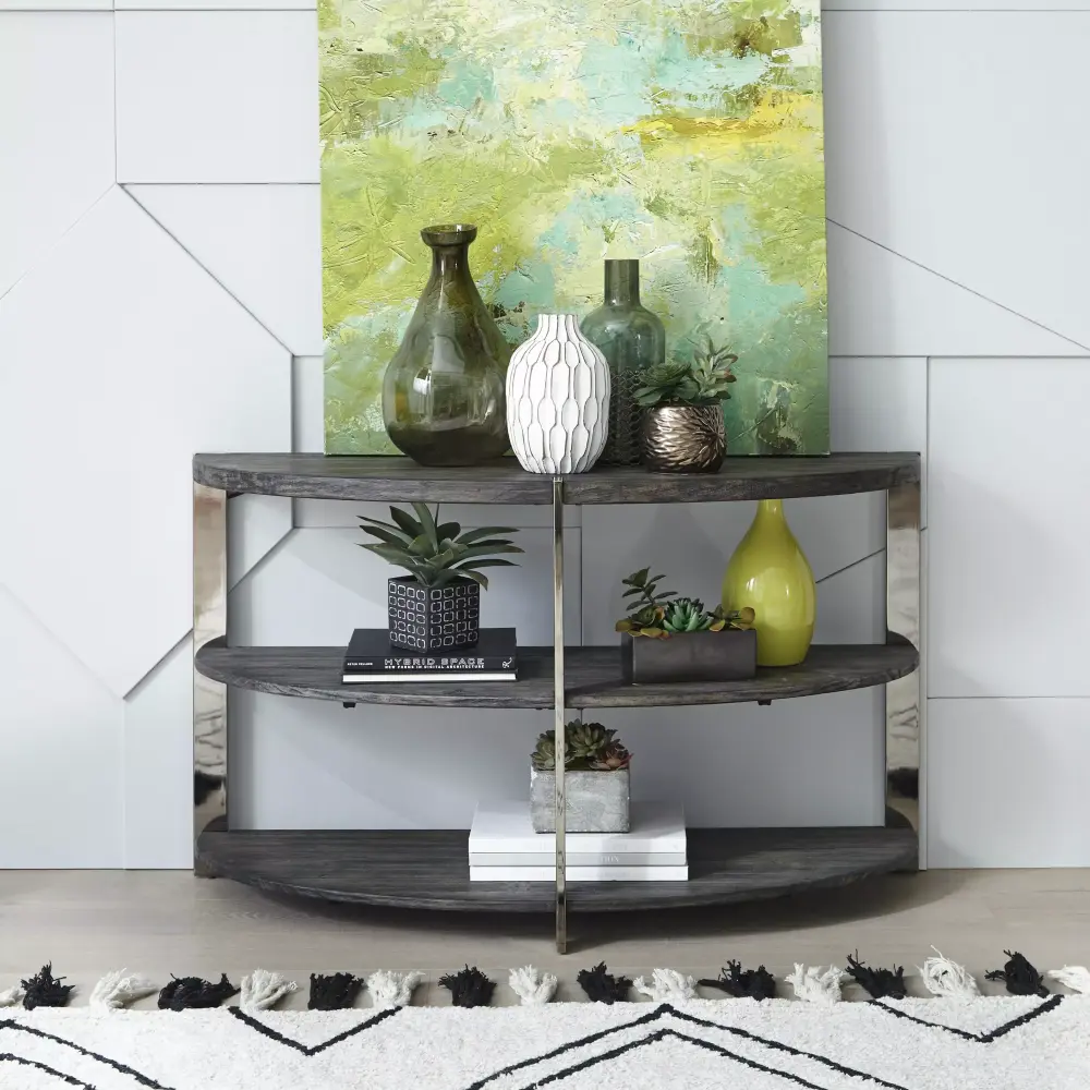Roundhill Furniture Kalne Half Moon Console Table Charcoal Gray with Chrome Plated Metal Shelves