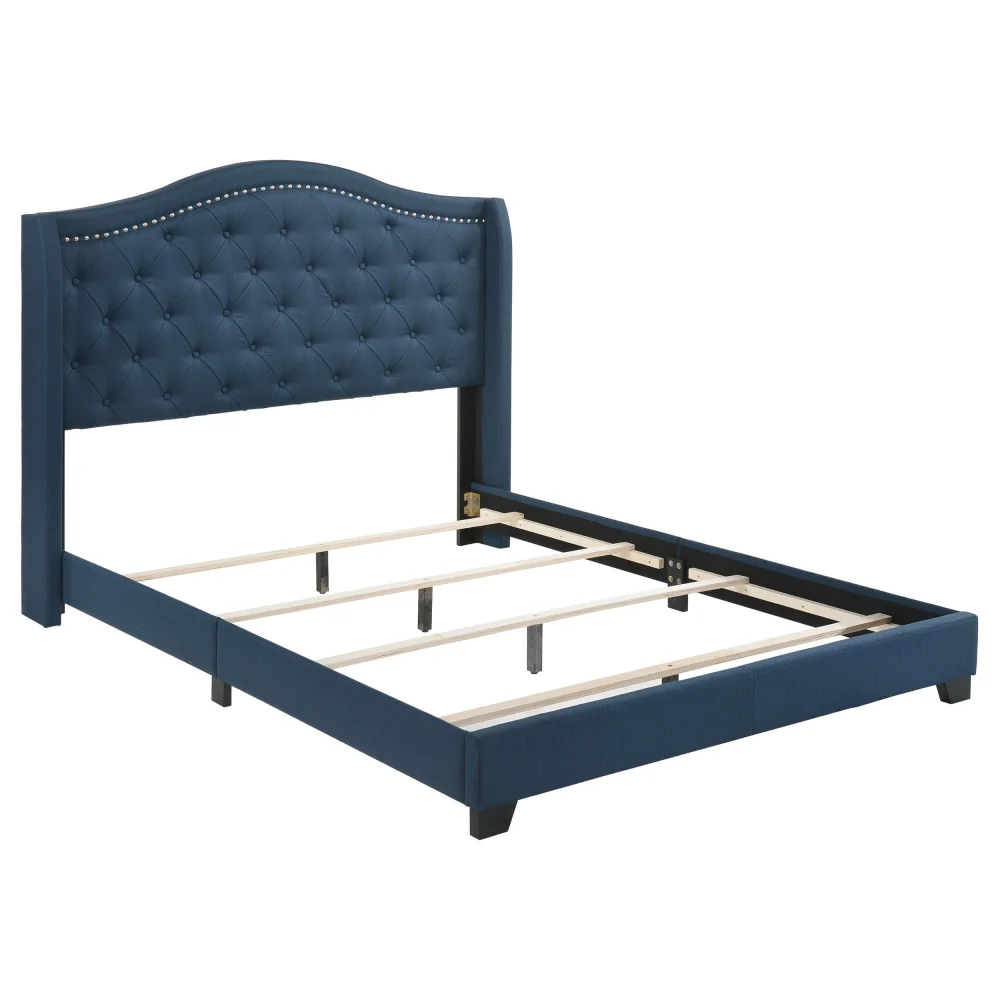 Sonoma Full Size Camel Back Headboard Bed with Nailhead Trim in Blue Upholstery