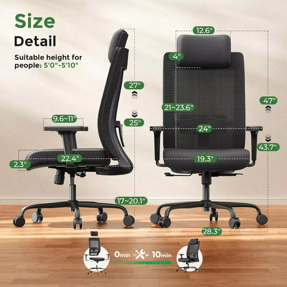 Ergonomic Office Chair 350LBS Capacity with Adjustable Lumbar Support and PU Armrests