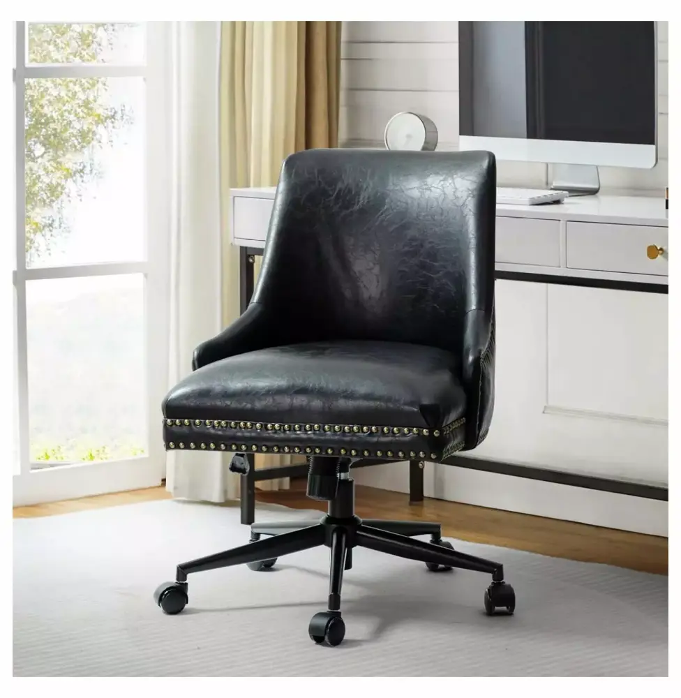 Yunwen Faux Leather Home Office Chair with Black Metal Base and Nailhead Adjustable Height Swivel Chair in Black