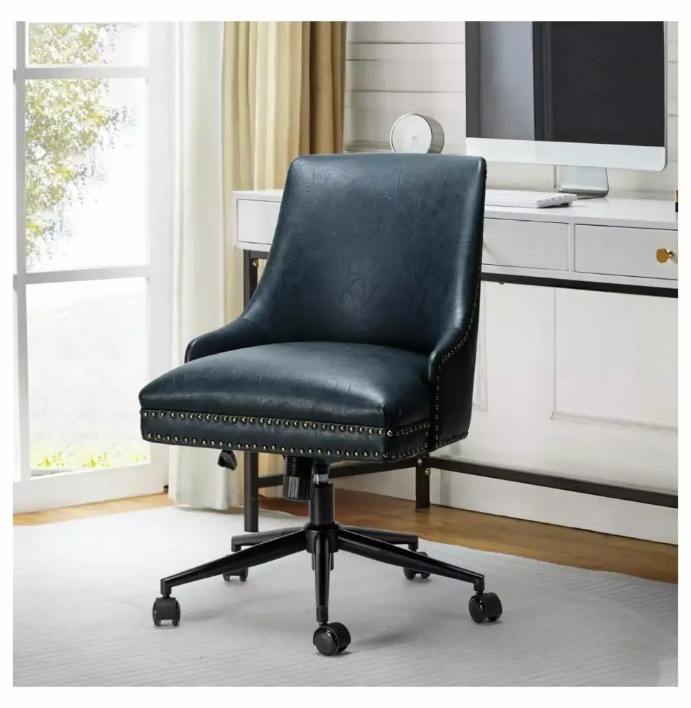 Yunwen Faux Leather Home Office Chair with Black Metal Base and Nailhead Adjustable Height Swivel Chair in Navy