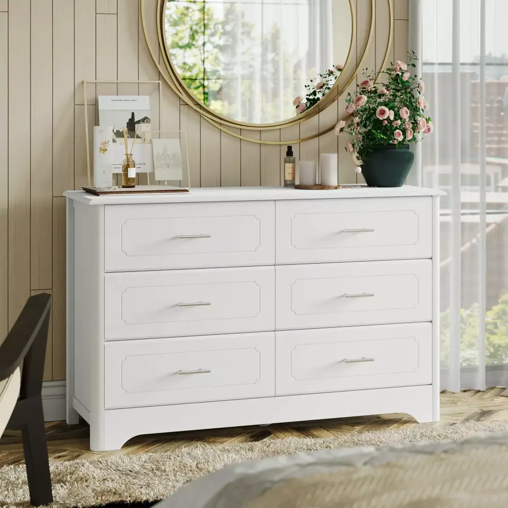 Homfa Double Dresser 6 Drawer White Horizontal Dresser Chest for Bedroom Kids Room