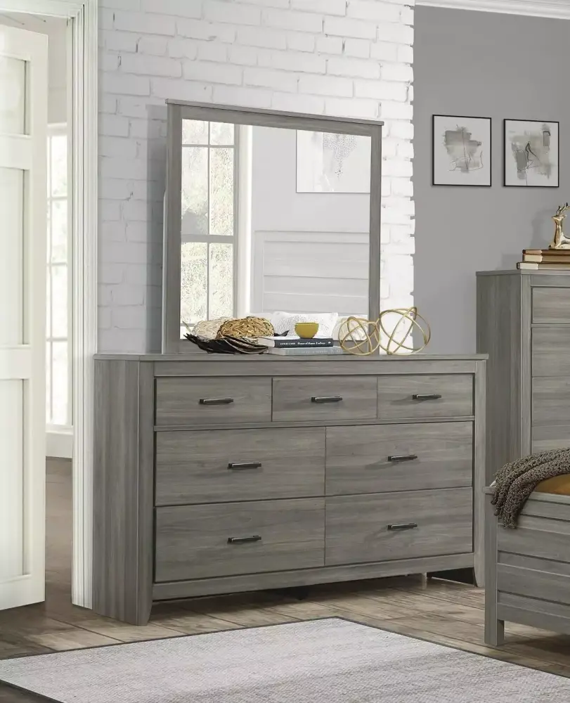 Modern 4pc Twin Bedroom Set Dark Gray Wooden Furniture Industrial Rustic Style with Nightstand Dresser Mirror