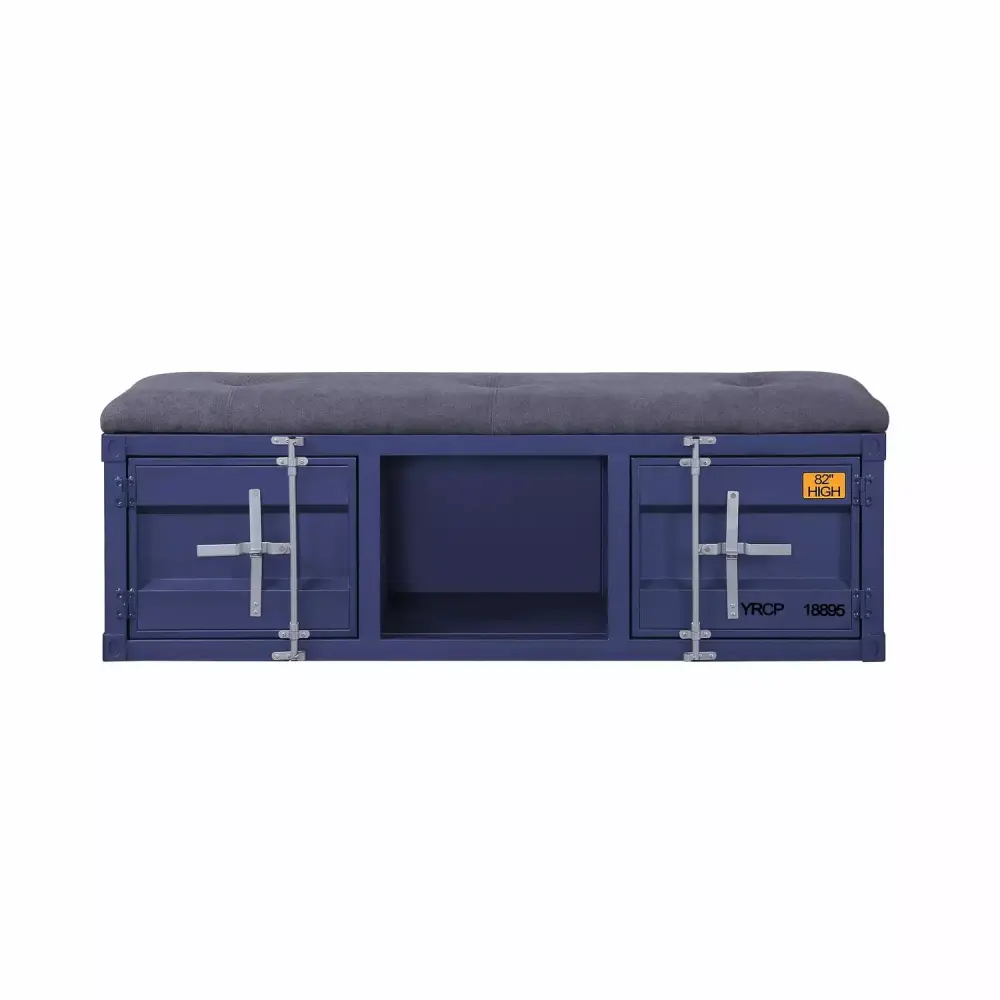 Benjara Industrial Metal and Fabric Bench with Open Storage in Blue and Gray