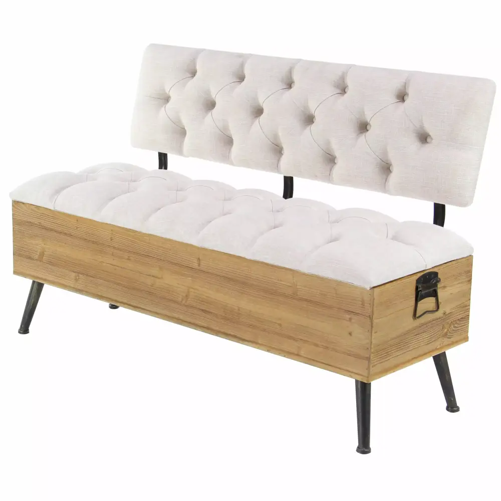 DecMode Industrial Wood Storage Bench with Tufted Cream White Seat 48W x 30H
