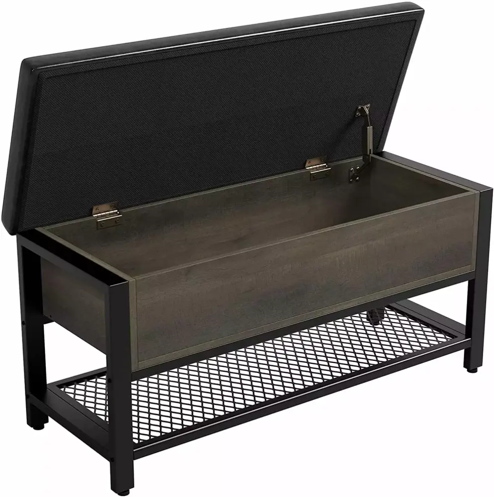 Industrial Flip Top Storage Bench with Leather Padded Seat and Steel Shelf
