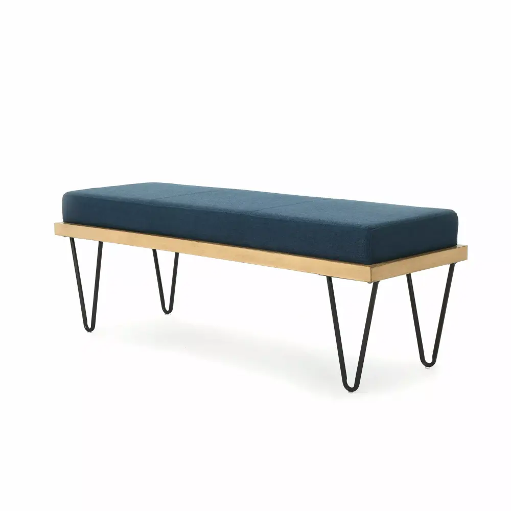 Elaina Industrial Modern Fabric Bench in Navy Blue for Living Room or Entryway