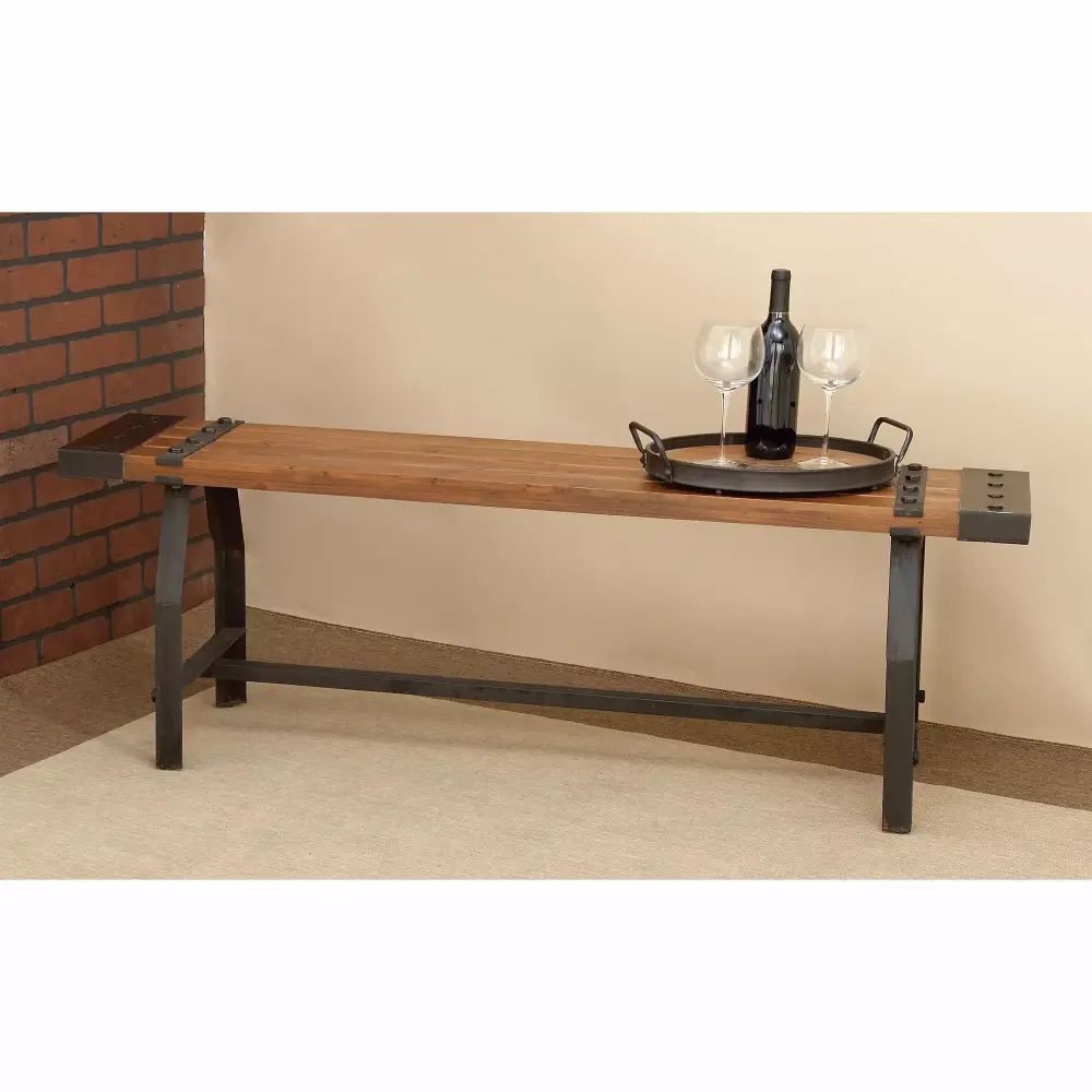 DecMode 55 x 18 Brown Wood Bench with Black Metal Base and Studs 1-Piece