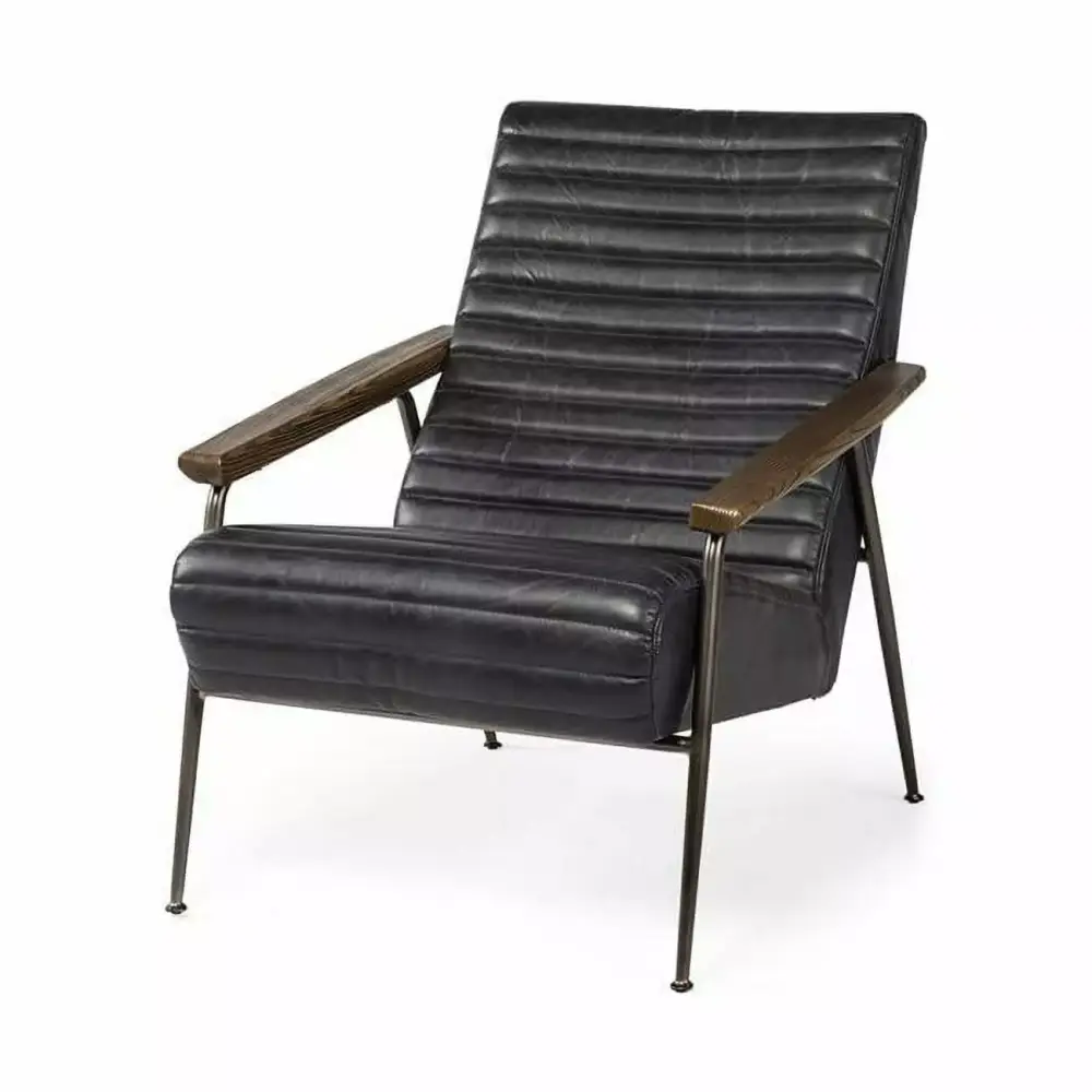Black Leather Wrap Accent Chair with Metal Frame - Modern Industrial Style Seating