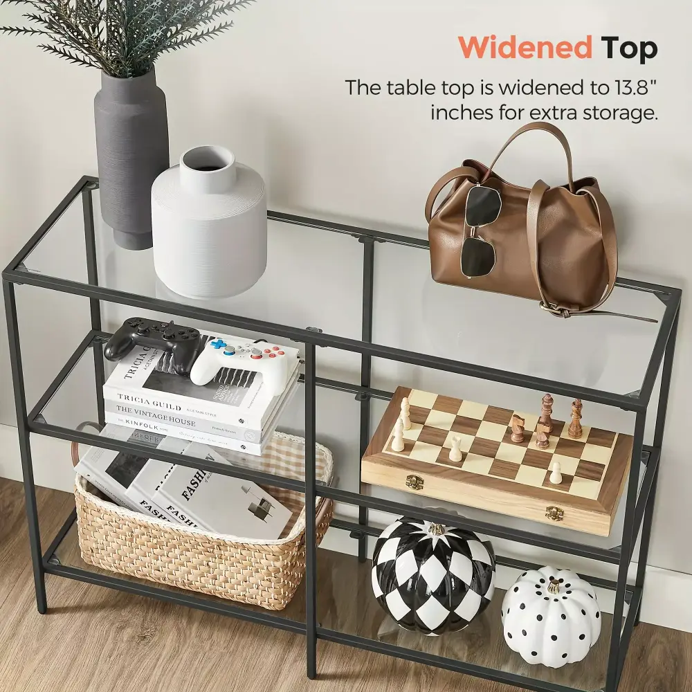 39 Console Table with 3 Shelves Metal Frame Tempered Glass Modern Industrial Entryway Table