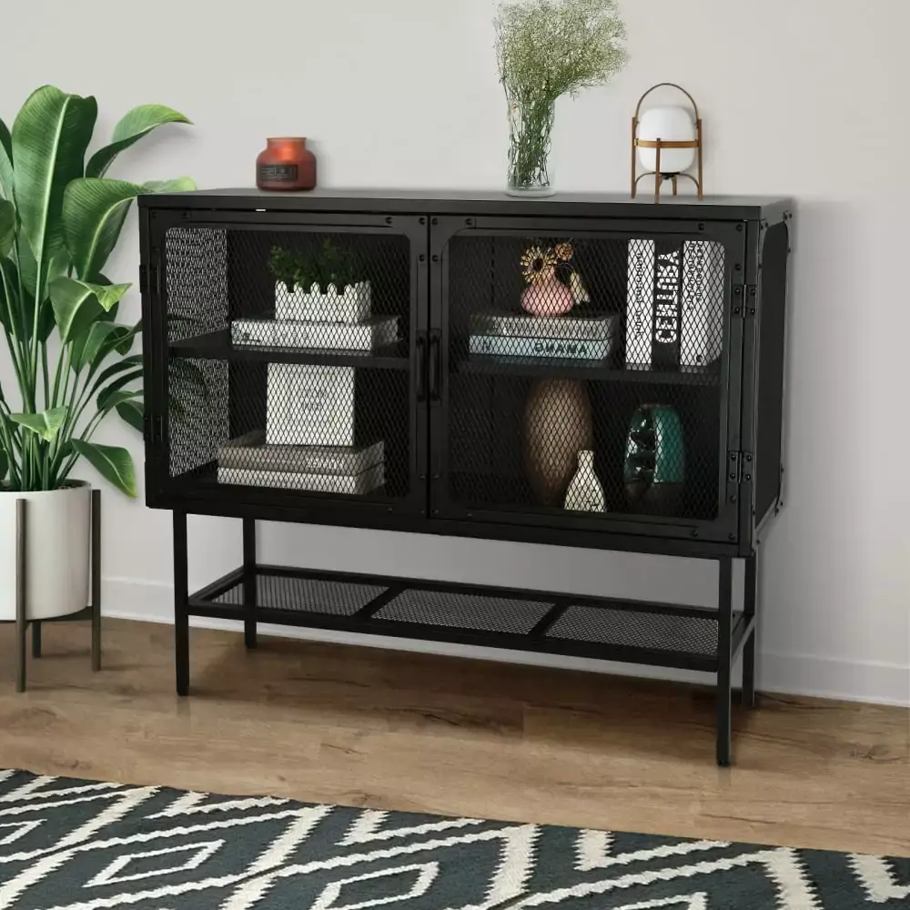 Industrial Sofa Console Table with Adjustable Iron Shelf and Mesh Door for Living Room