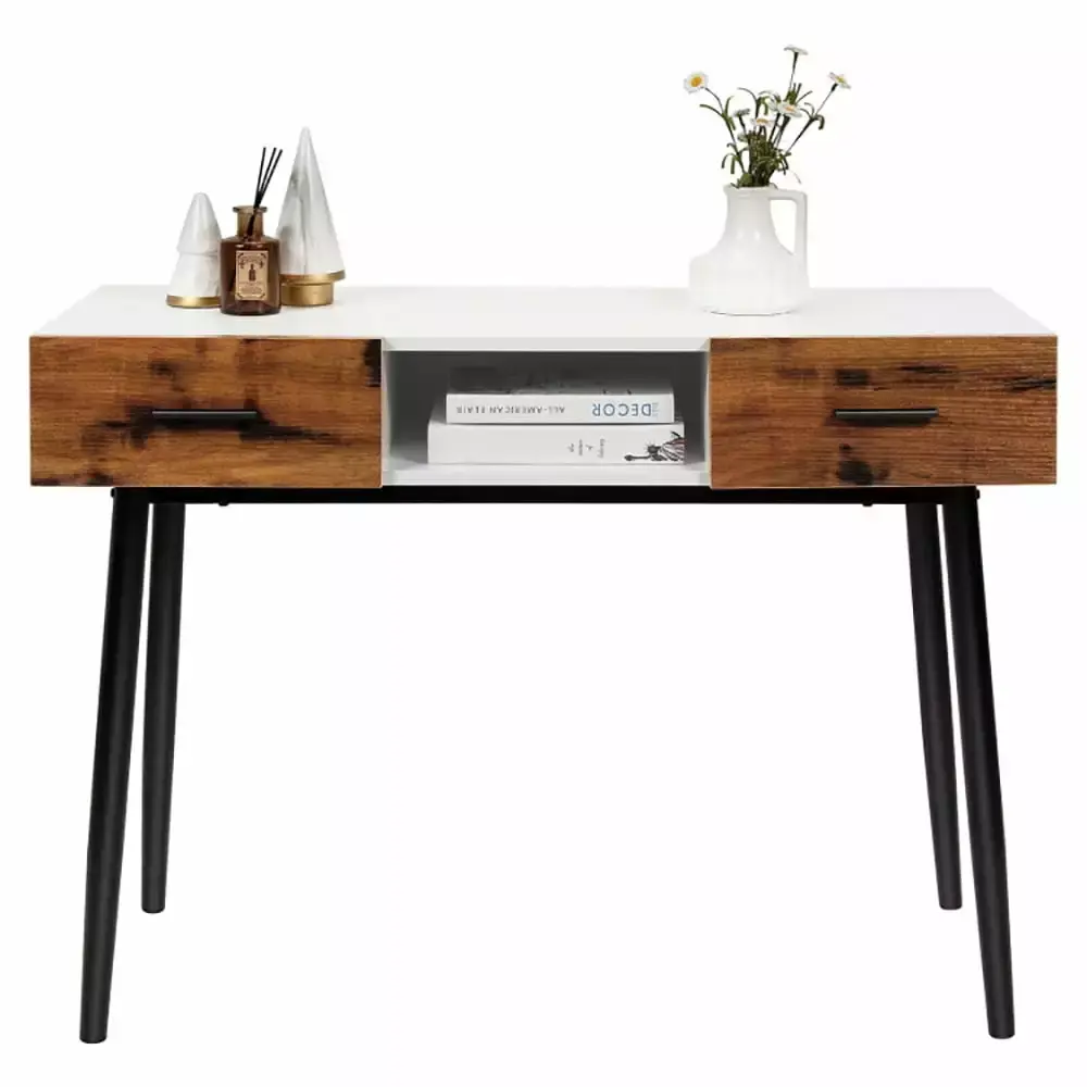 Yardi Yard 42 Inch Industrial Console Table with 2 Drawers and Shelves for Entryway