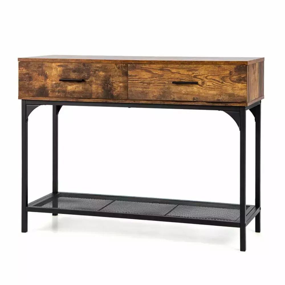 Spaco Rustic Brown Console Table with 2 Drawers and Metal Frame for Living Room