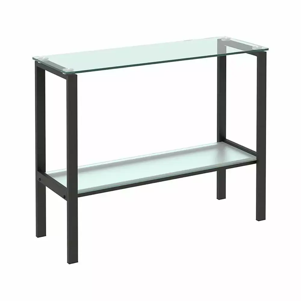 Hassch Modern 2-Tiers Console Table with Tempered Glass Desktop and Black Metal Legs Industrial Rectangle Entryway Table for Hallway Living Room
