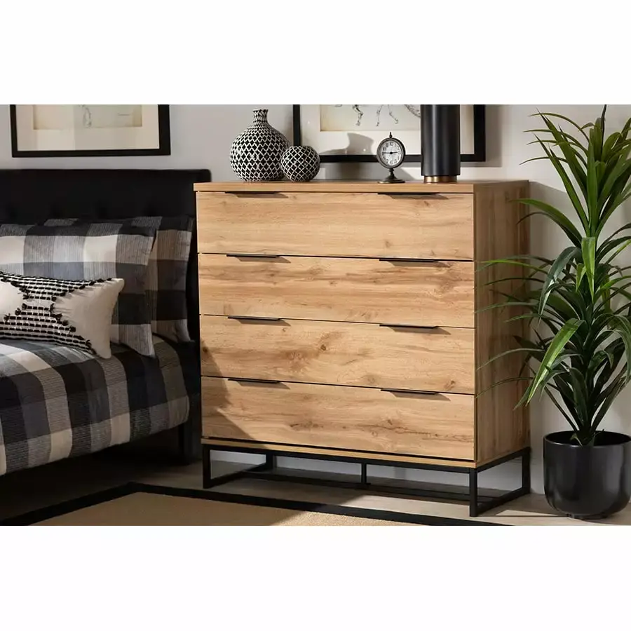 Baxton Studio Reid Modern Industrial Oak Finished Wood and Black Metal 4-Drawer Dresser
