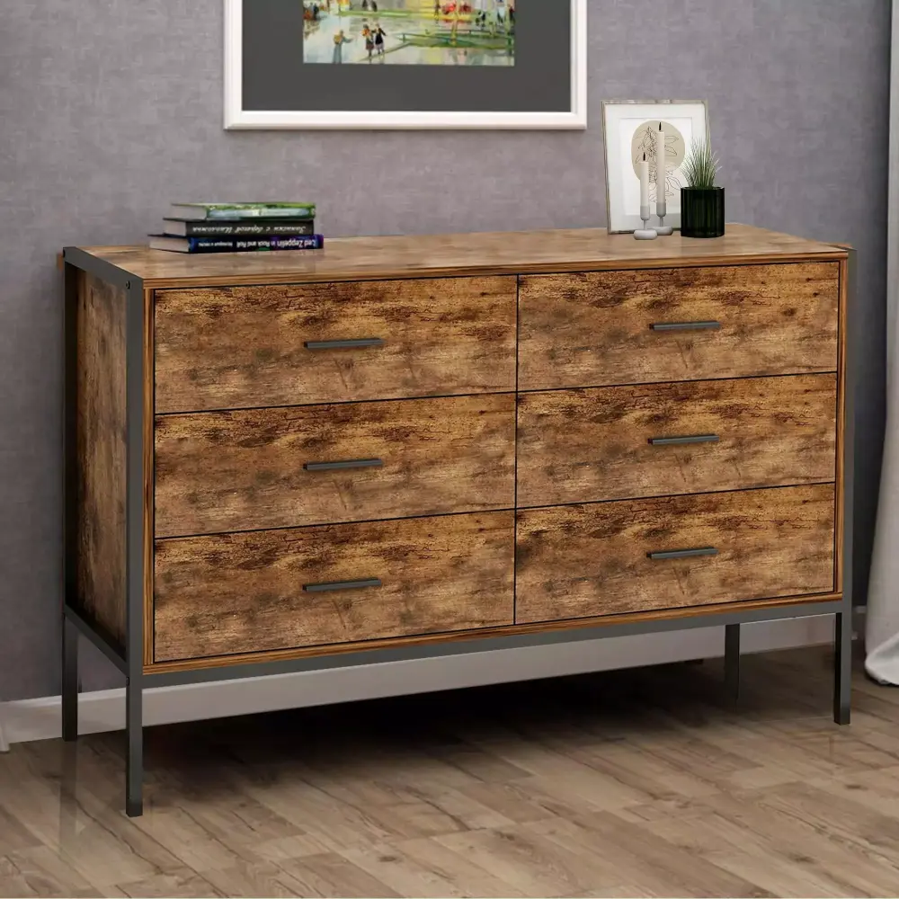 Diubas Industrial Style 6 Drawer Double Dresser Brown Rustic Wood Storage Cabinet for Bedroom Living Room