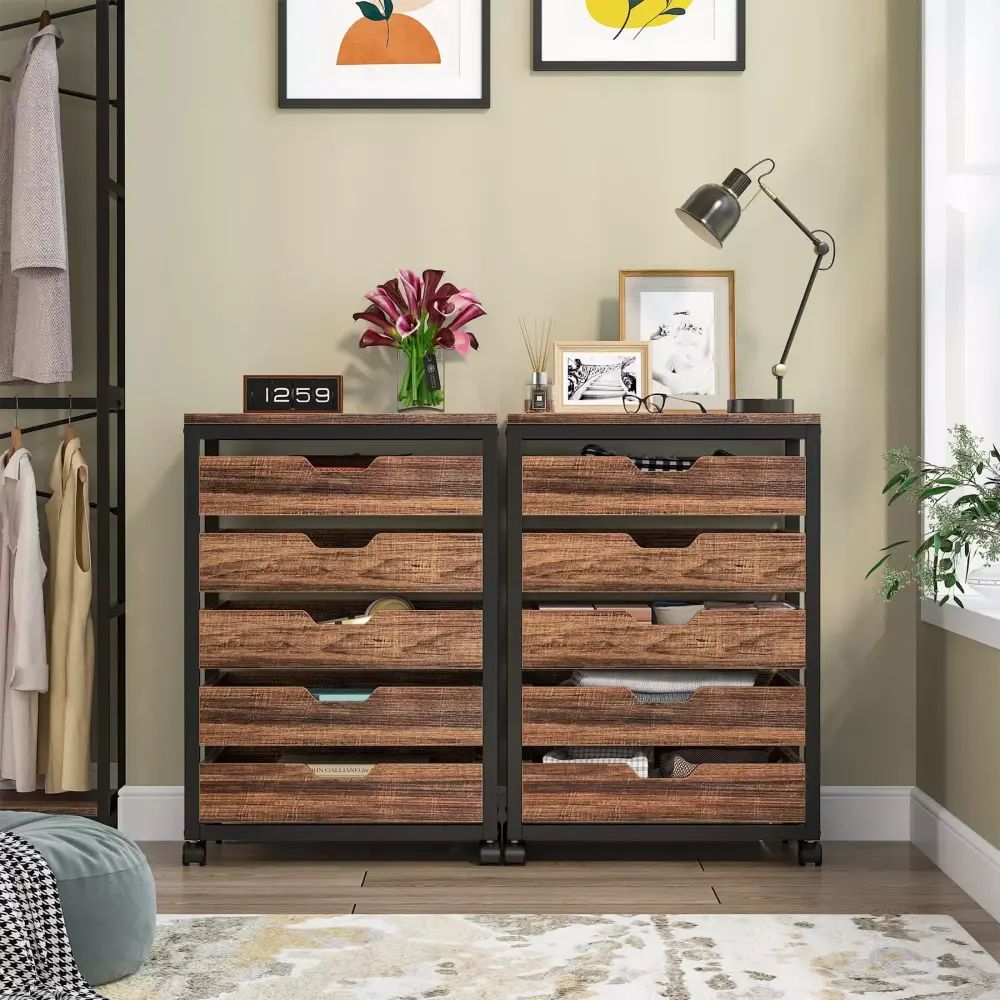 5 Drawer Chest Wood Storage Dresser Cabinet with Wheels Industrial Storage Drawer Arranger Cart