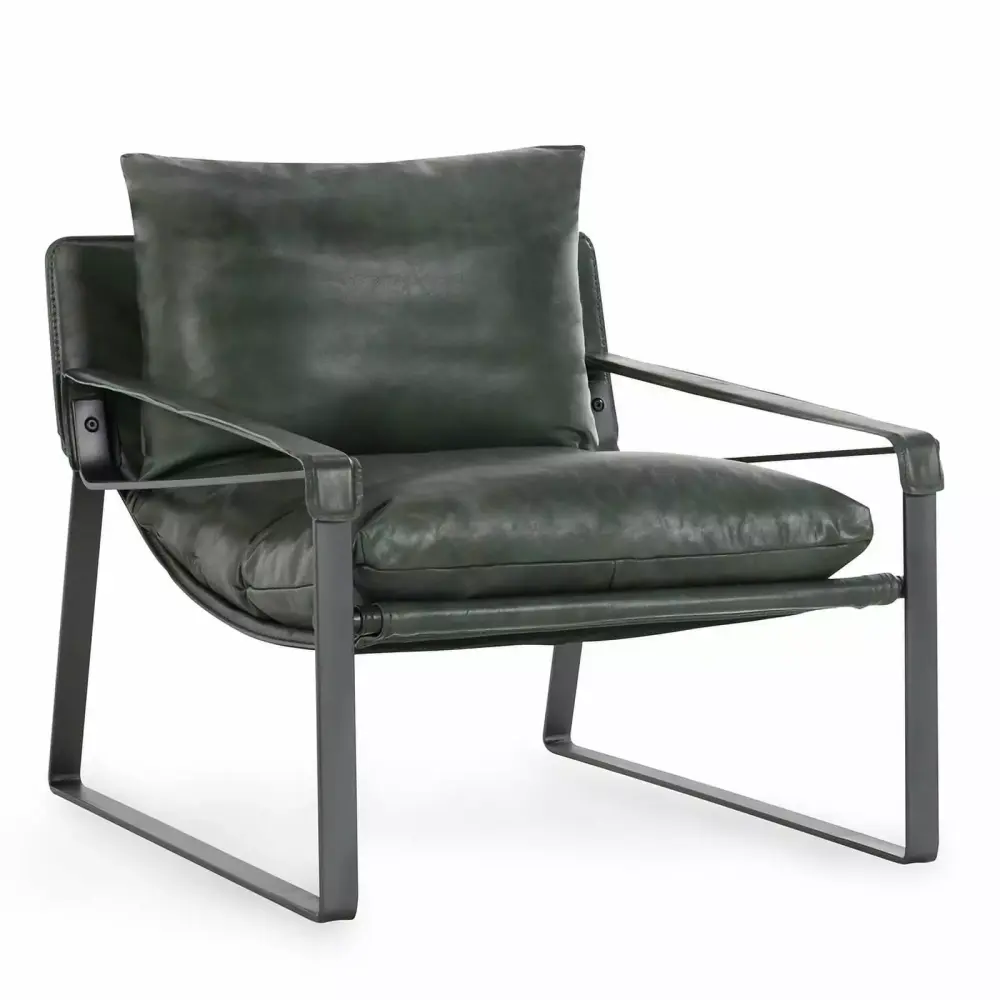 Pemberly Row Forest Green Leather Accent Chair with Iron Frame