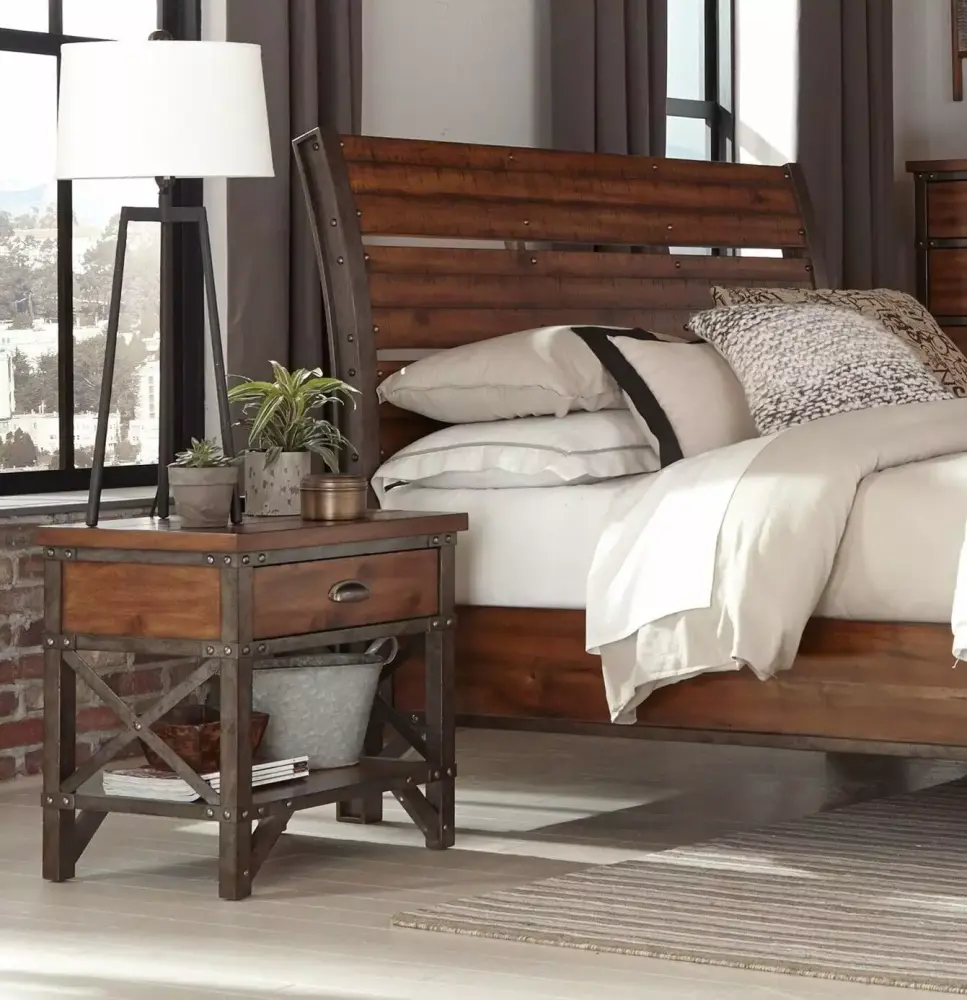 Industrial Design 5pc Cal King Platform Bed Set with Nightstands Dresser Mirror Rustic Brown