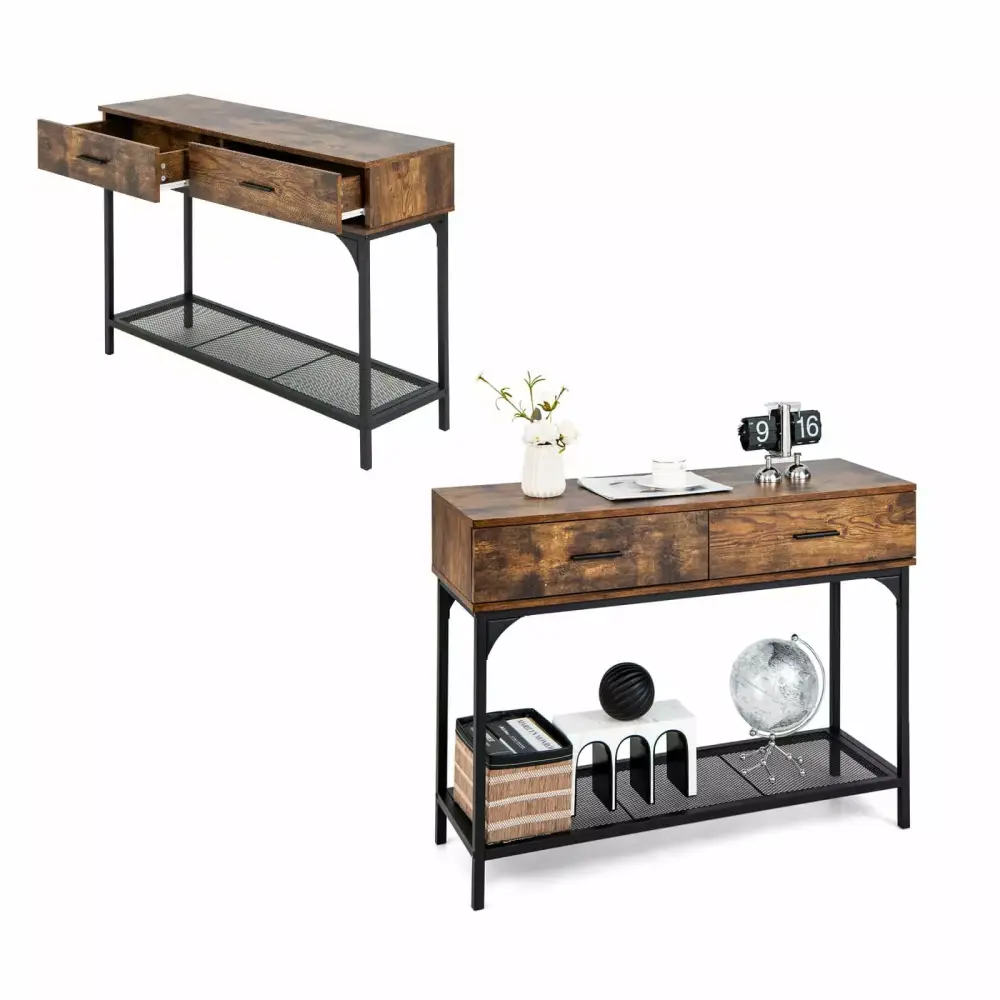 Coelon Rustic Brown Industrial Console Table with Drawer Behind Couch Table for Small Spaces