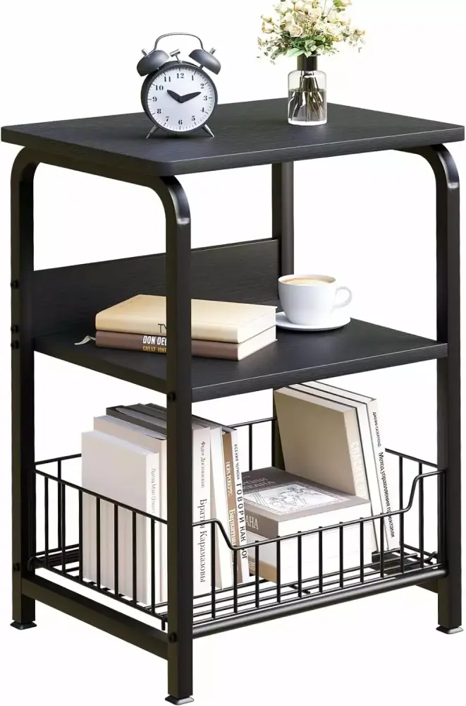 Industrial Retro 3 Tier End Table Side Table Black Wooden Nightstand