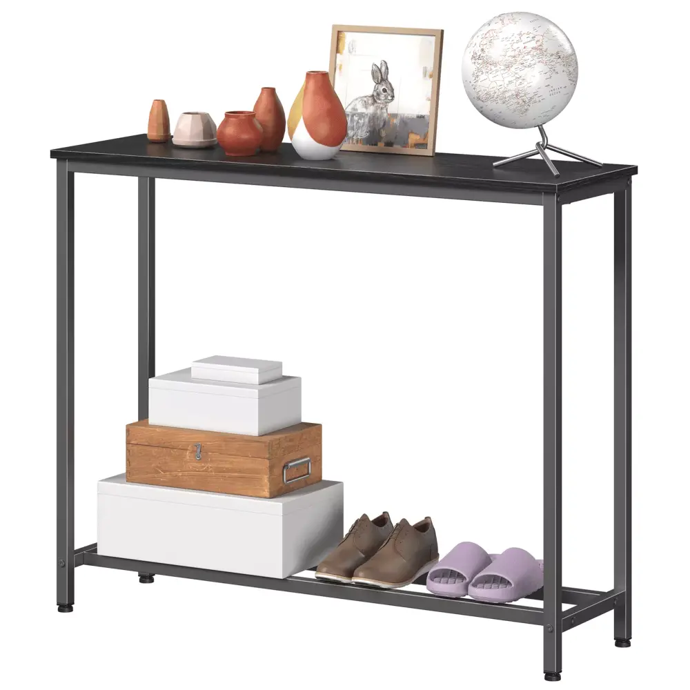 JOZ Industrial Narrow Black Console Table with Shelves for Living Room