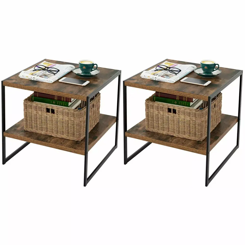 Homfa 2PCS Stainless Steel Nightstand 2-Tier Industrial Sofa Side Table with Metal Frame Rustic Brown