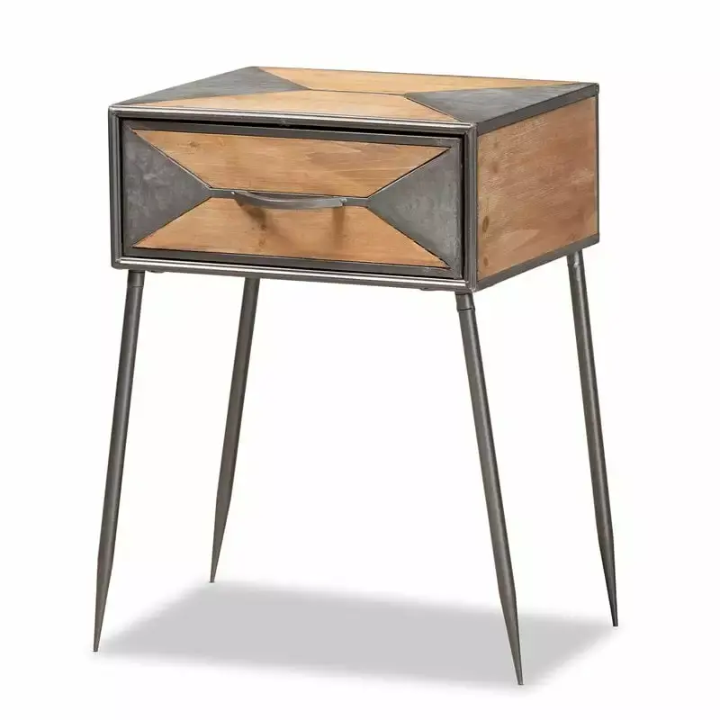 Bowery Hill Grey Metal and Brown Wood Nightstand with 1 Drawer Industrial Modern Bedside Table