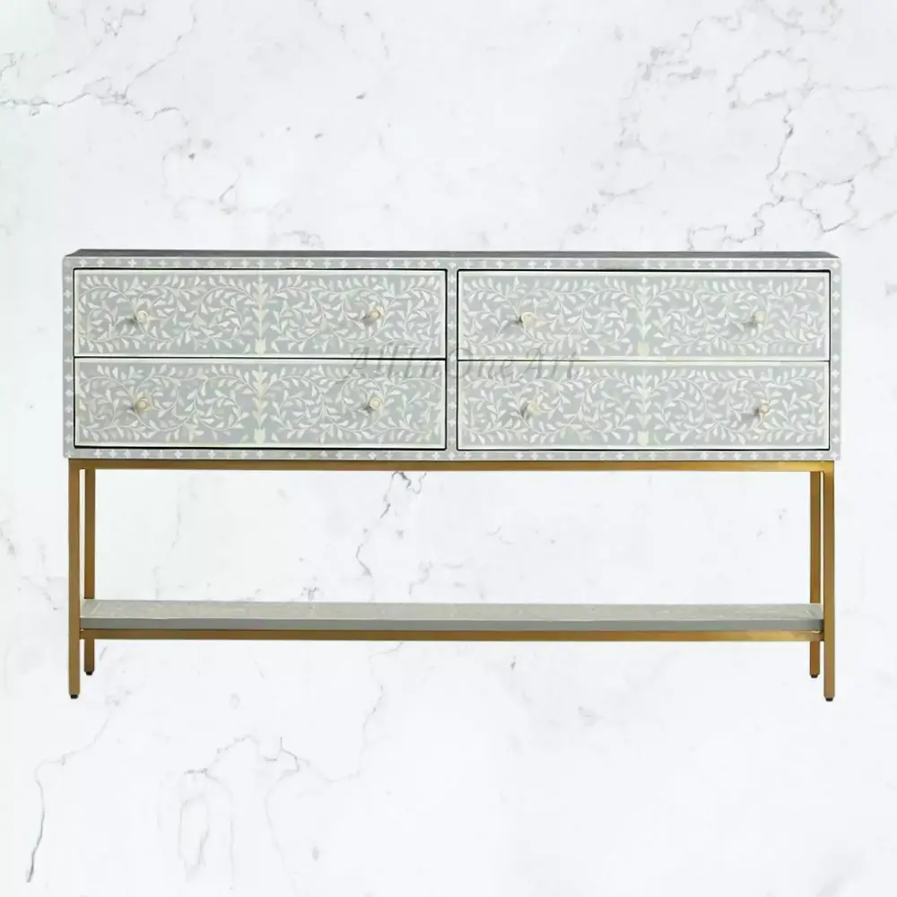 Scroll Vine Inlay Entryway Console Table Grey Bone Inlay for Hallway Living Room