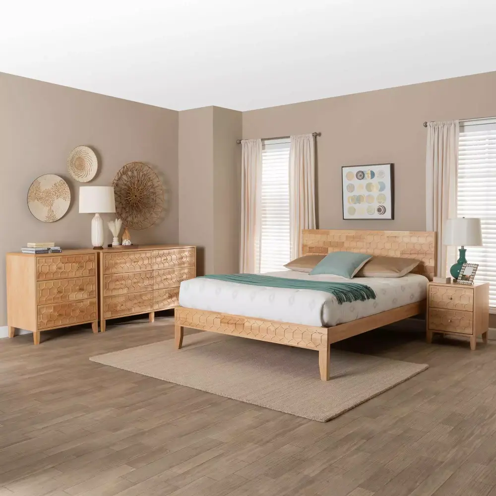 Baxton Studio Hosea Japandi Queen Size Bedroom Set in Natural Finish