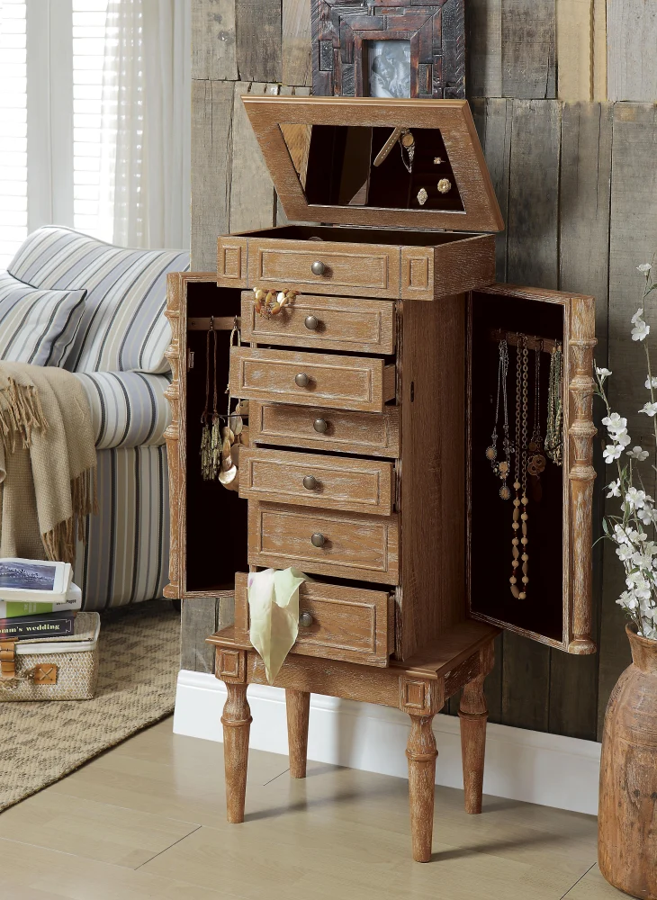 Taline Weathered Oak Jewelry Armoire - Vintage Jewelry Storage Cabinet