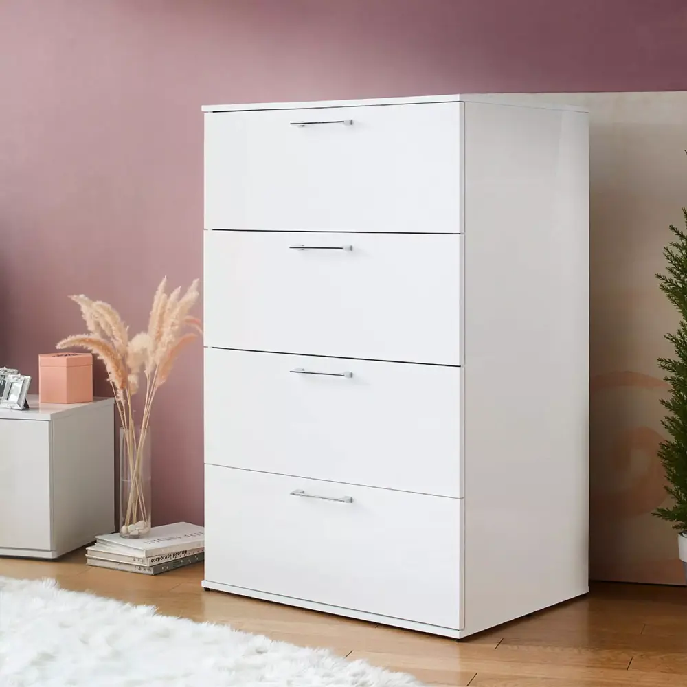 Bliss Glossy Four-Drawer Jumbo Chest in White - Spacious Bedroom Storage