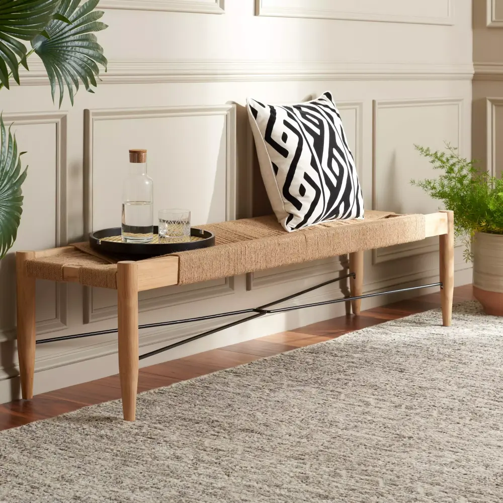 SAFAVIEH Arcana Jute Bench with Teak Wood and Black Metal Frame 64 Inch Wide