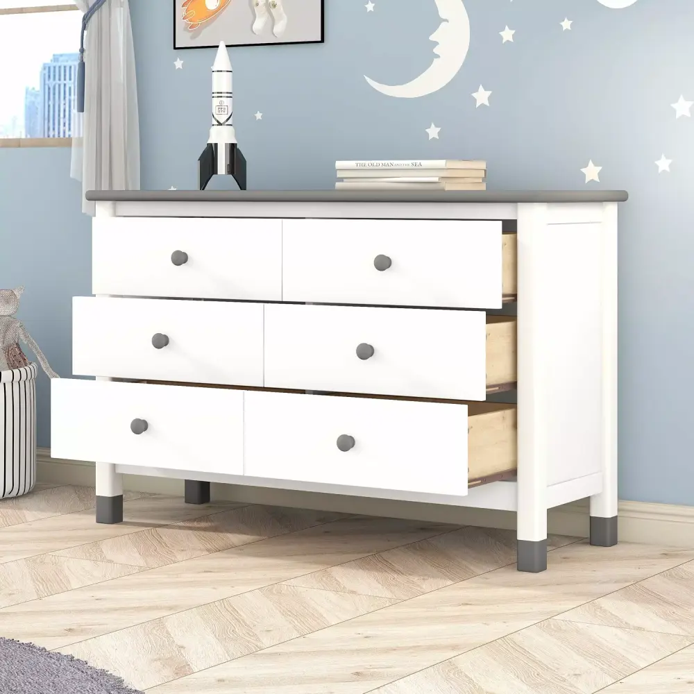 Wooden Storage Dresser with 6 Drawers White Gray Cabinet for Kids Bedroom