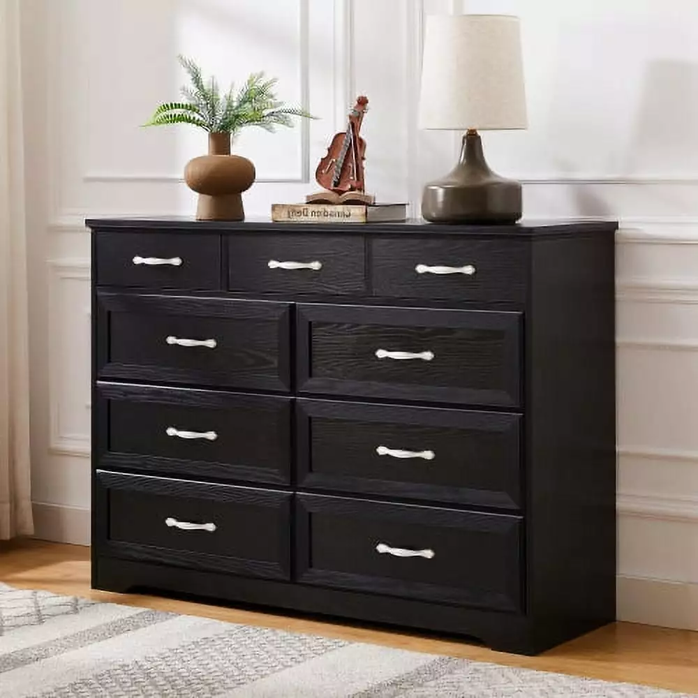 9 Drawer Long Dresser in Black - Antique Handles Wood Chest for Kids Room