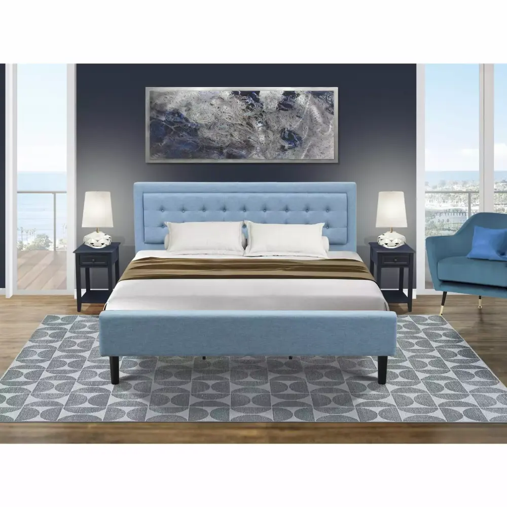 East West Furniture 3-Piece Wood Fannin King Bedroom Set in Denim Blue