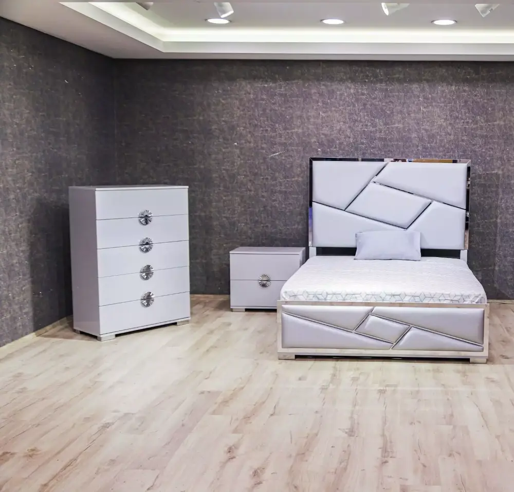 Modern Gray Padded Headboard King Bed with Mirrored Accents Nightstand Chest 3pc Bedroom Set