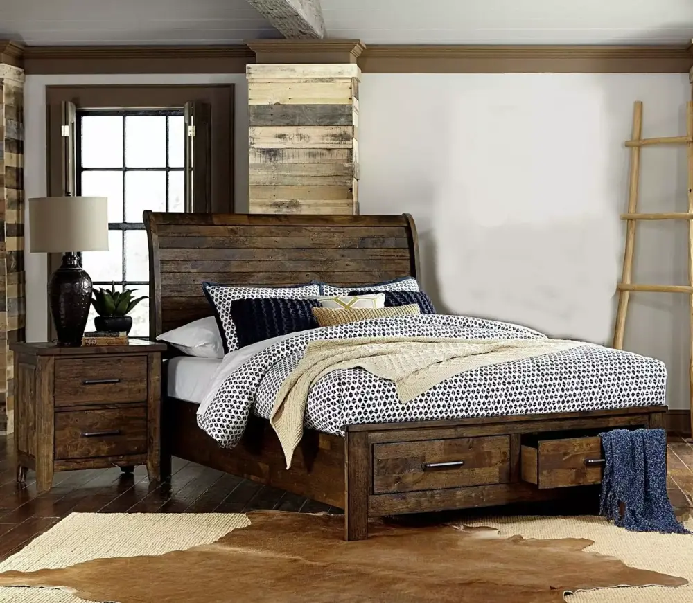 Solid Rubberwood King Platform Bed Set with Storage and Nightstands - Brown Finish Wooden Furniture