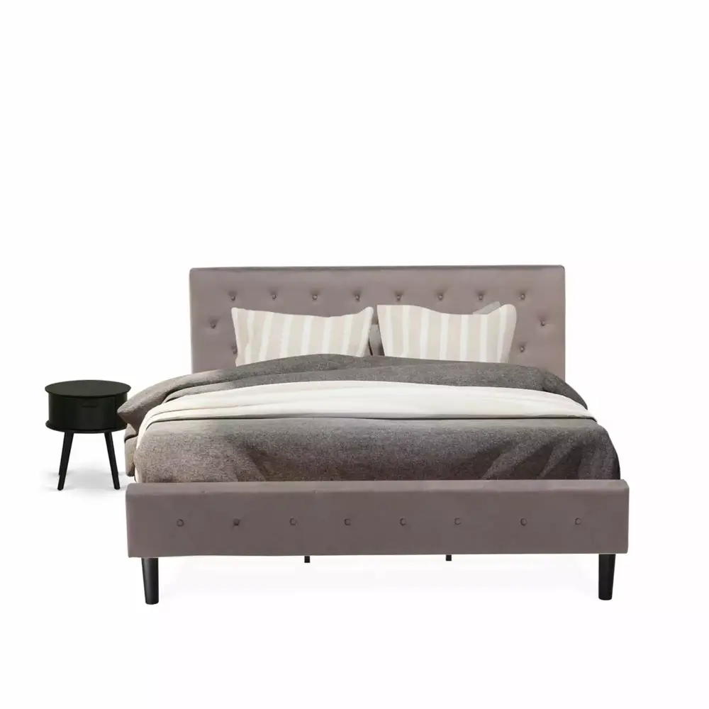 NL14K-1GO11 2-Piece Bed Set with Button Tufted Wooden Bed Frame and Black Nightstand