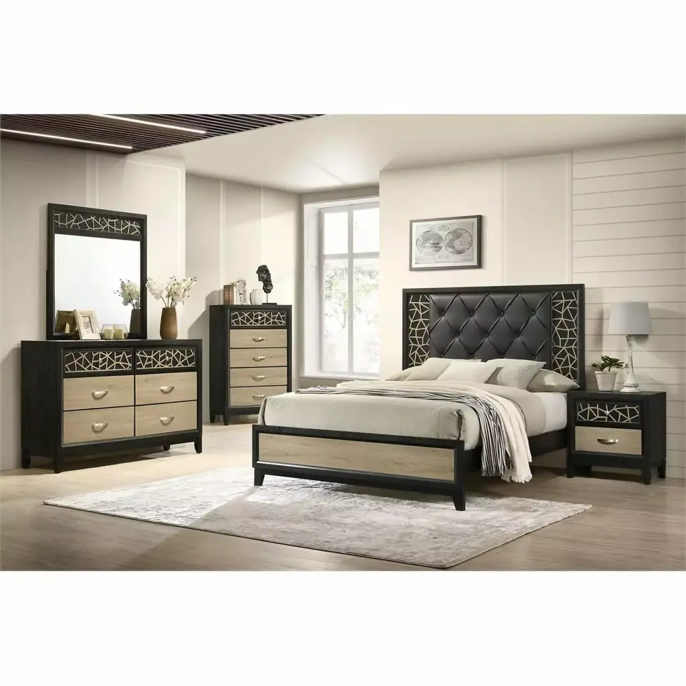 Pemberly Row Modern 4PC King Bedroom Set Made in Wood with Wooden Pattern