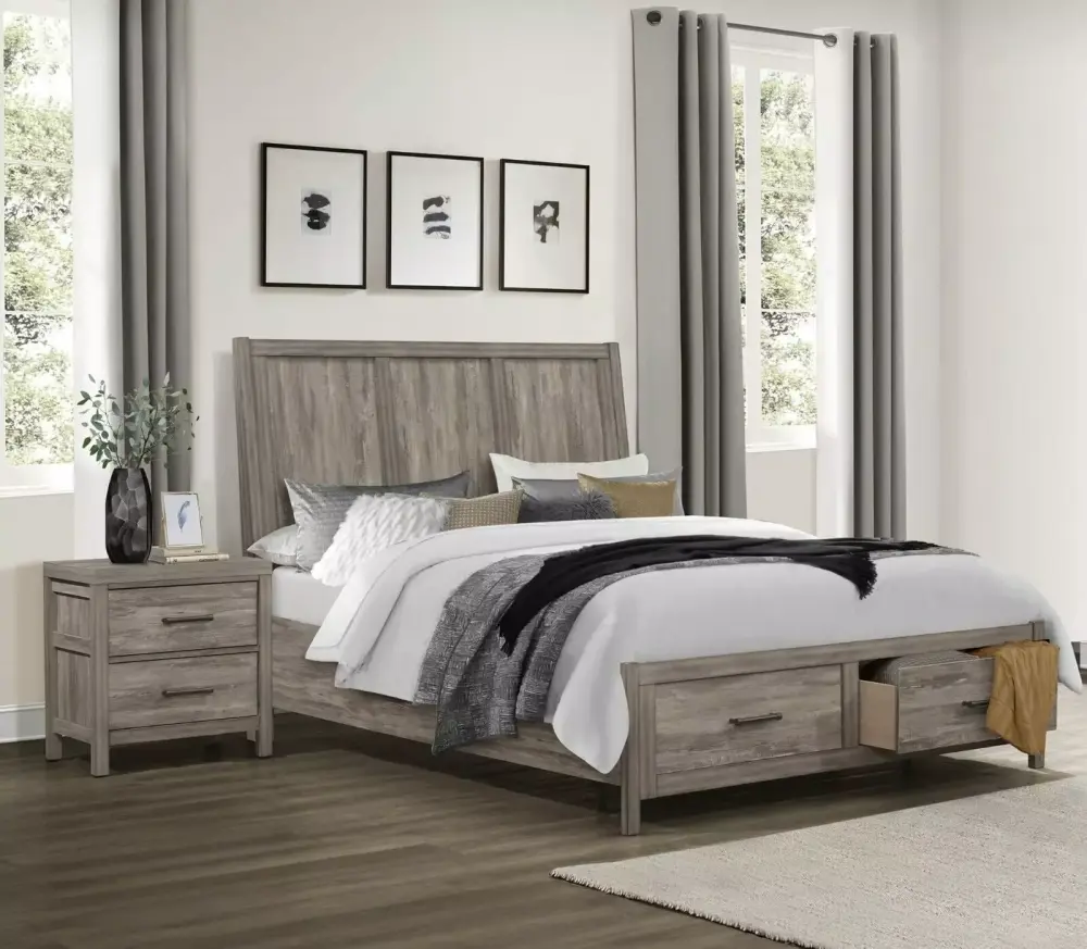 Weathered Gray Finish 3pc King Bedroom Platform Bed with Drawers and Nightstands