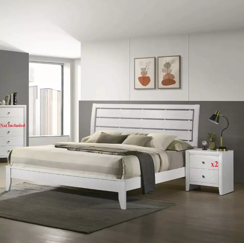 3pc Beautiful White Finish King Size Panel Bed 2x Nightstands Set Wooden Bedroom Furniture